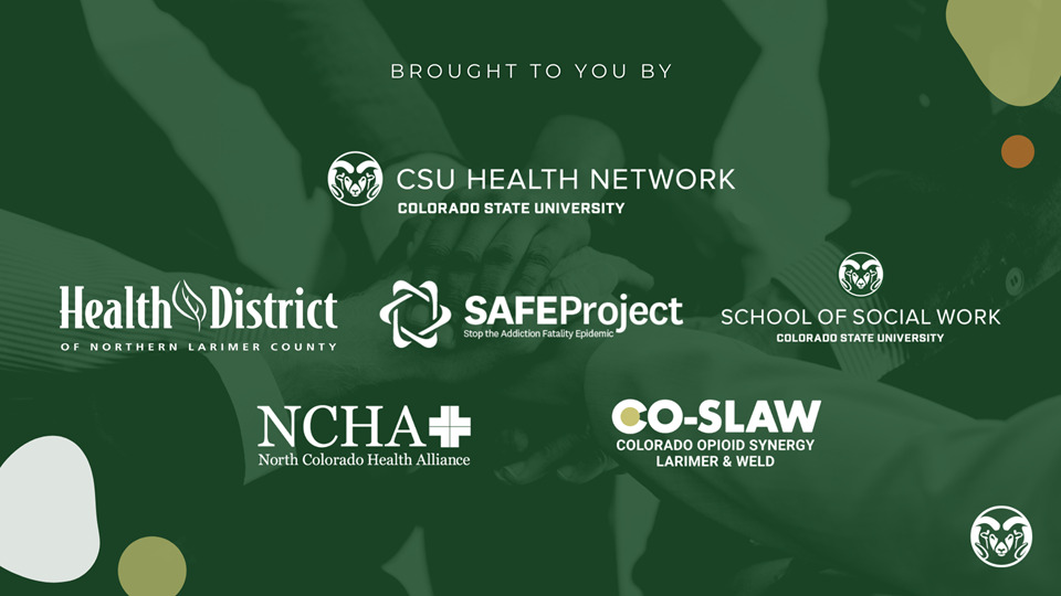 Hands on top of one another in a "Team Hand Stack"  with the logos of the CSU Health Network, Health District of Northern Larimer County, SAFE Project, CSU School of Social Work, NCHA, and CO-SLAW  in the foreground. 
